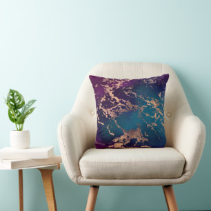Moody Luxe Marble   Deep Purple and Teal Rose Gold Throw Pillow