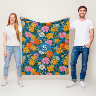 Moody Magenta Yellow Floral Dark Teal Fleece Blanket