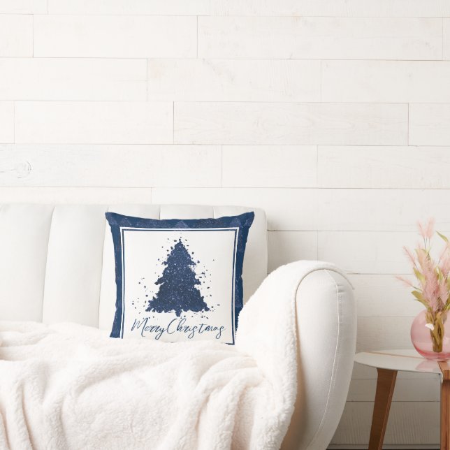 Moody Merry Christmas | Classy Dark Navy Blue Tree Throw Pillow (Couch)