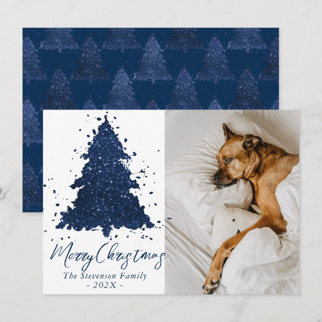 Moody Merry Christmas | Classy Navy Blue Photo Holiday Card (Front/Back)