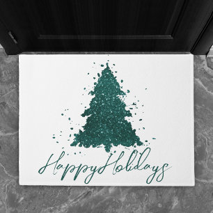 Moody Merry Christmas   Dark Midnight Teal Tree Doormat