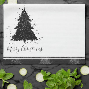Moody Merry Christmas Onyx Silvery Black Tree Kitchen Towel