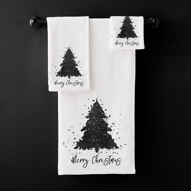 Moody Merry Christmas | Onyx Silvery Charcoal Tree Bath Towel Set (Creator Uploaded)