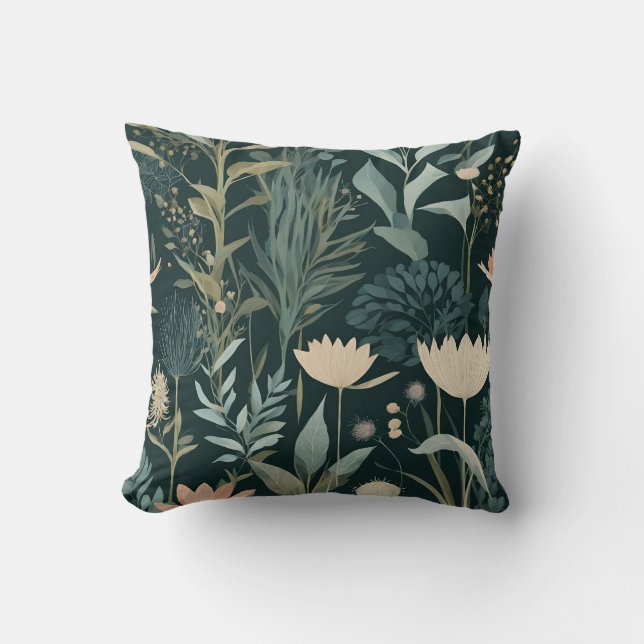 Moody Midnight Botanical Garden Floral Pattern Throw Pillow (Front)