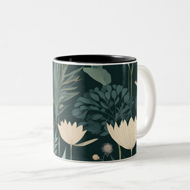 Moody Midnight Botanical Garden Floral Pattern Two-Tone Coffee Mug (Front Right)