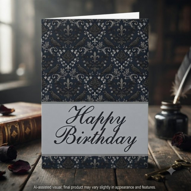 Moody Midnight Victorian Raven Damask Note Card (Moody Victorian raven damask birthday card for dark academia lovers celebrating a milestone.)