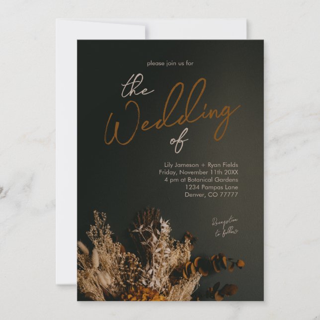 Moody Modern Dark Boho Rustic Floral Wedding Invitation (Front)