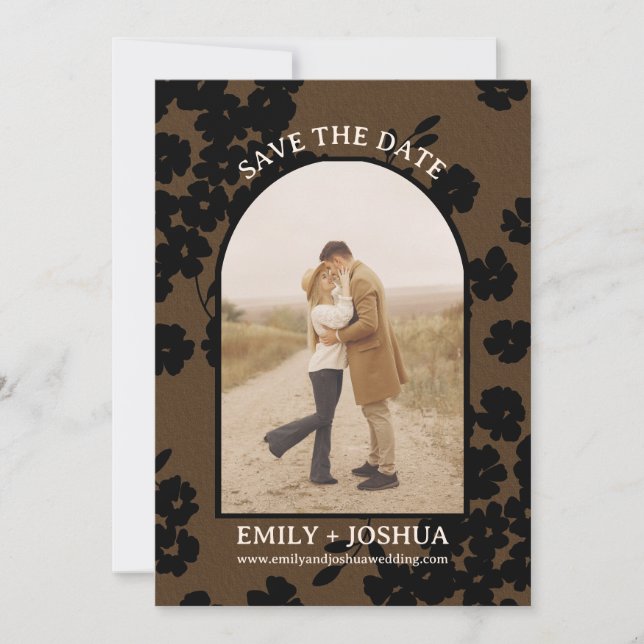 Moody Modern Floral Flat Save The Date Card Brown (Front)