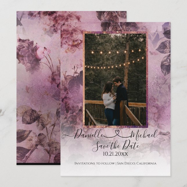 Moody Modern Floral Purple Script Heart Photo Save The Date (Front/Back)