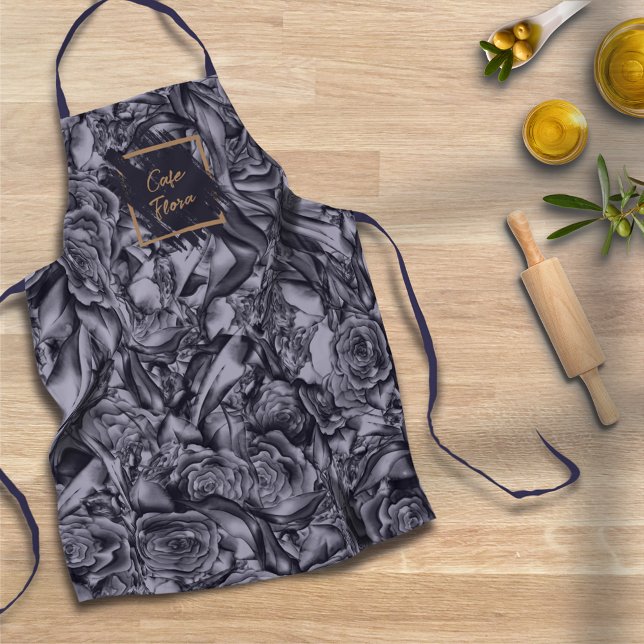 Moody Monochrome Deep Navy Blue Floral Pattern Apron (Creator Uploaded)