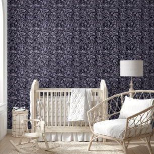 Moody Monochrome Deep Navy Blue Floral Pattern Wallpaper