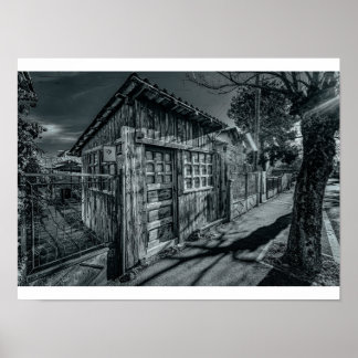 Moody Monochrome Wooden Shed with Dramatic Shadows Poster