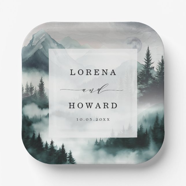 Moody Mountain Moonlit Pine Forest Wedding Paper Plate (Front)