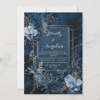 Moody Navy Blue Floral Wedding Invitation