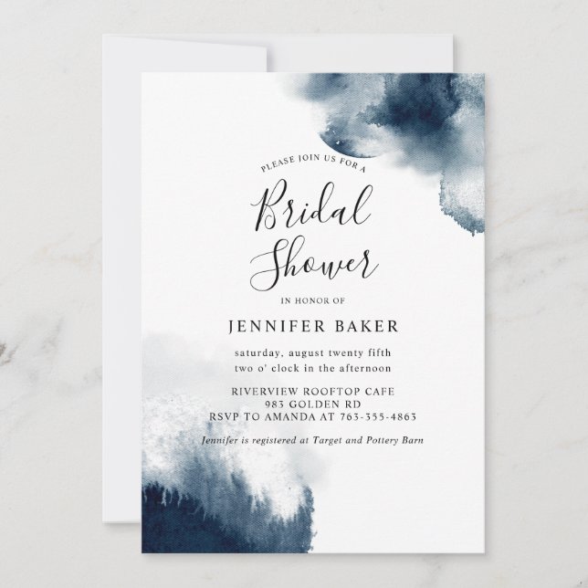Moody Navy Blue Watercolor Bridal Shower Invitation (Front)
