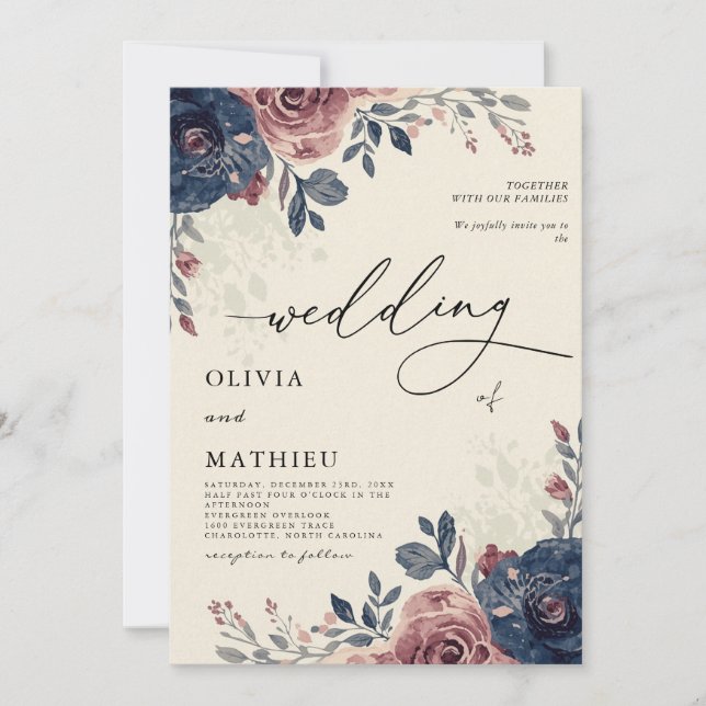 Moody Navy Dusty Rose Floral Wedding Invitation (Front)
