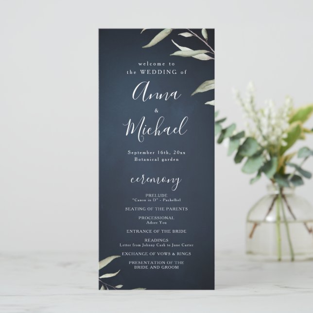 Moody navy minimal greenery rustic wedding program (Standing Front)