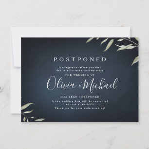 Moody navy minimal greenery wedding postponement invitation