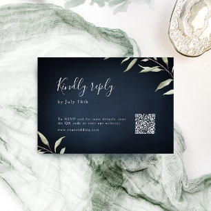 Moody navy minimal greenery wedding QR code RSVP Card