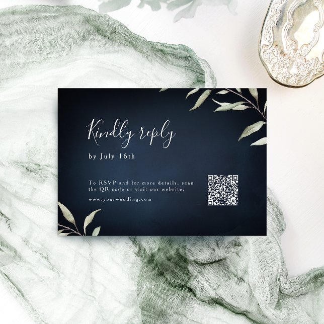 Moody navy minimal greenery wedding QR code  RSVP Card (Moody navy minimal greenery wedding QR code RSVP Card)