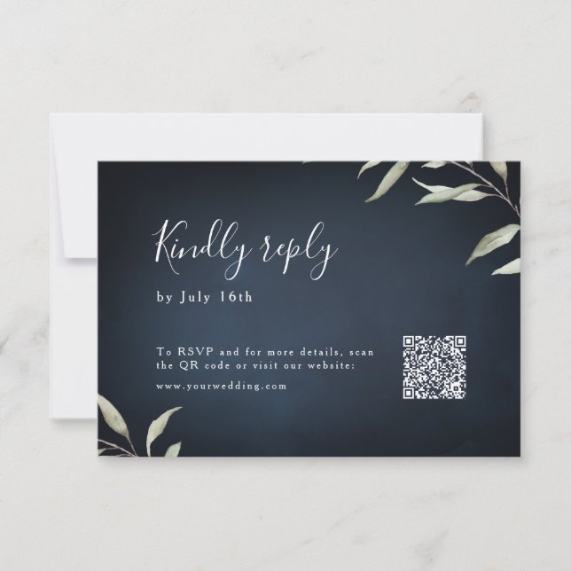 Moody navy minimal greenery wedding QR code  RSVP Card (Front)