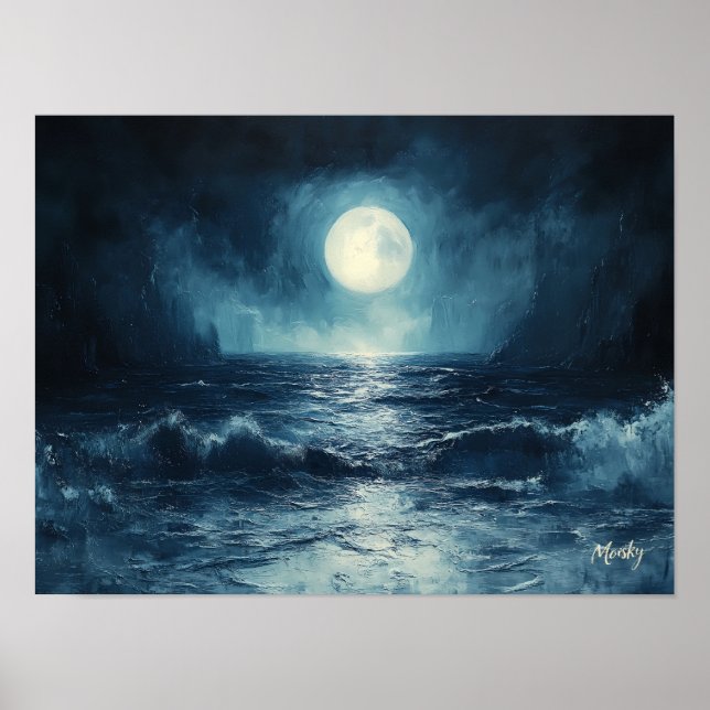 Moody Ocean Moonlight Scene with Waves Crashing Poster (Front)
