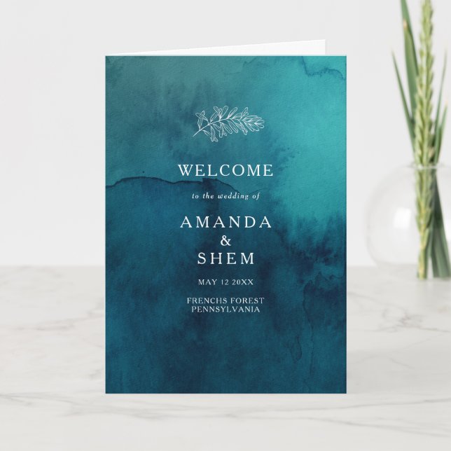 Moody Ocean Watercolor Folded Wedding Program (Front)