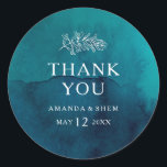 Moody Ocean Watercolor Thank You Wedding Favour Classic Round Sticker<br><div class="desc">These moody ocean watercolor thank you wedding favour stickers are perfect for your simple tropical boho wedding. It is designed with minimalist white tropical leaves and a stunning dark blue-green background.</div>
