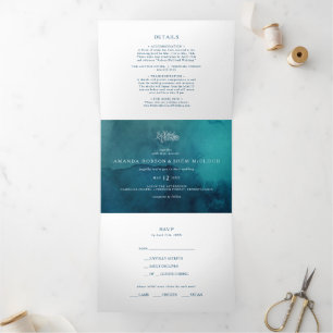 Moody Ocean Watercolor Wedding All In One Tri-fold Invitation
