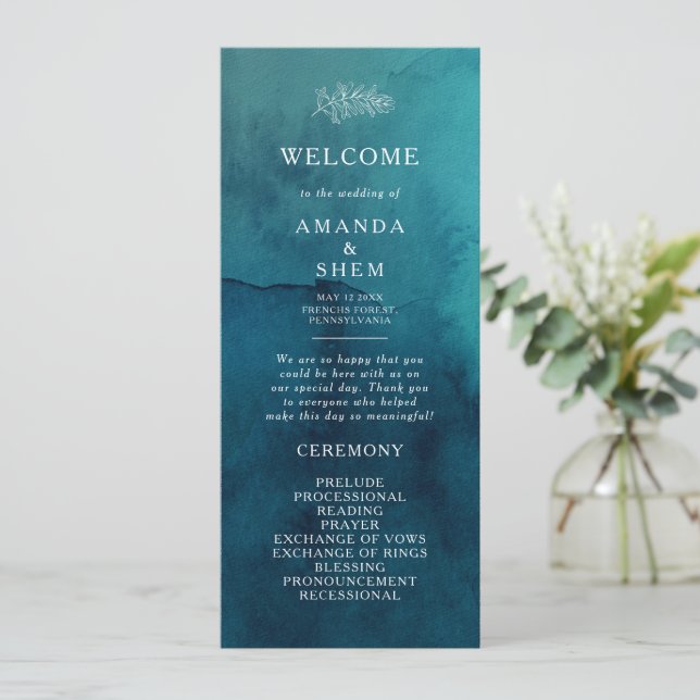 Moody Ocean Watercolor Wedding Programme (Debout devant)