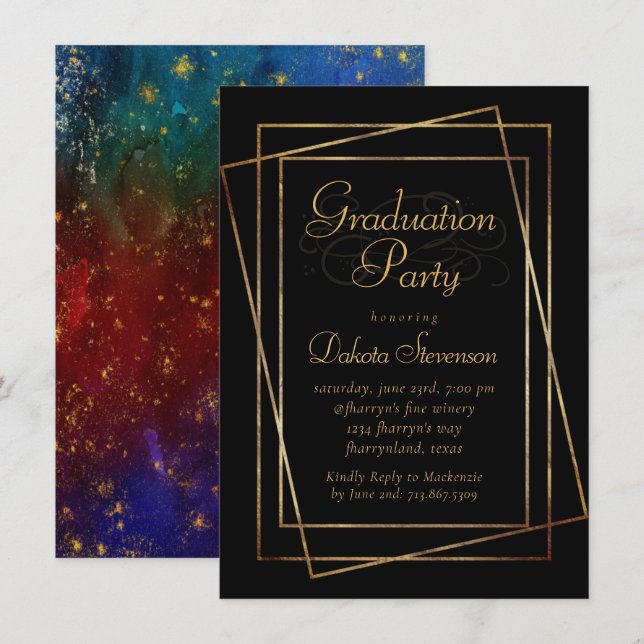 Moody Ombre | Blue Jewel Tone Gold Star Grad Party Invitation (Front/Back)