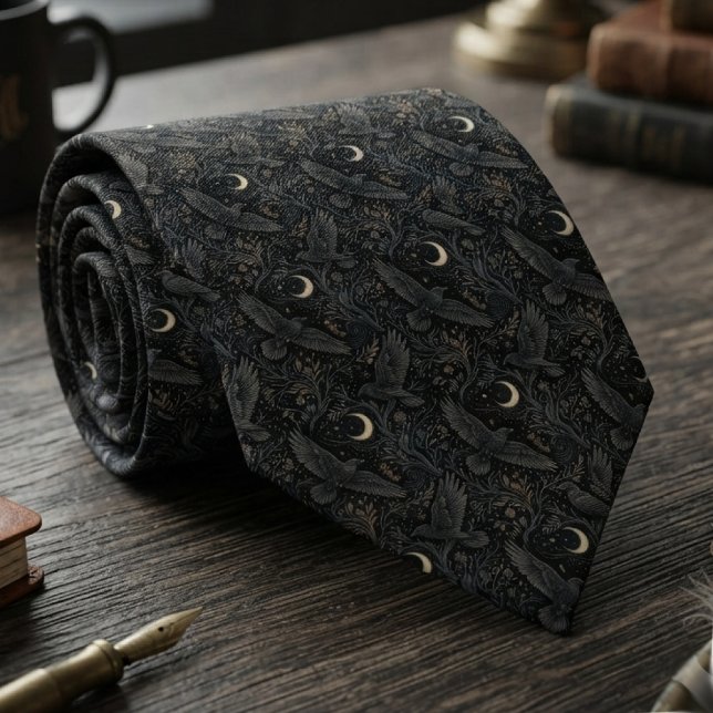 Moody Onyx Celestial Raven Tie (Celestial raven pattern necktie for dark academia scholars attending evening gatherings.)