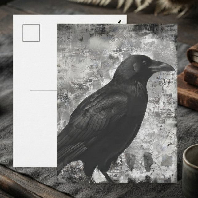 Moody Onyx Gothic Distressed Raven Postcard (Onyx raven postcard for dark academia fans and Halloween decor.)