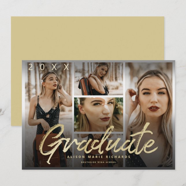 Moody Overlay Gold Script Graduation Photos Card (Front/Back)