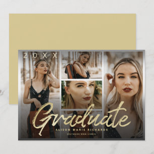 Moody Overlay Gold Script Graduation Photos Card