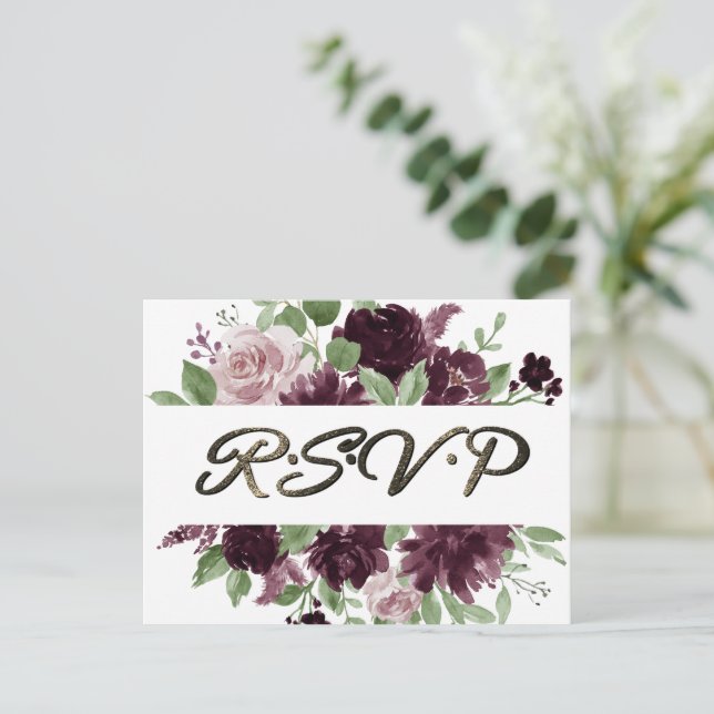Moody Passion | Dramatic Purple Garland Meal RSVP Postcard (Standing Front)