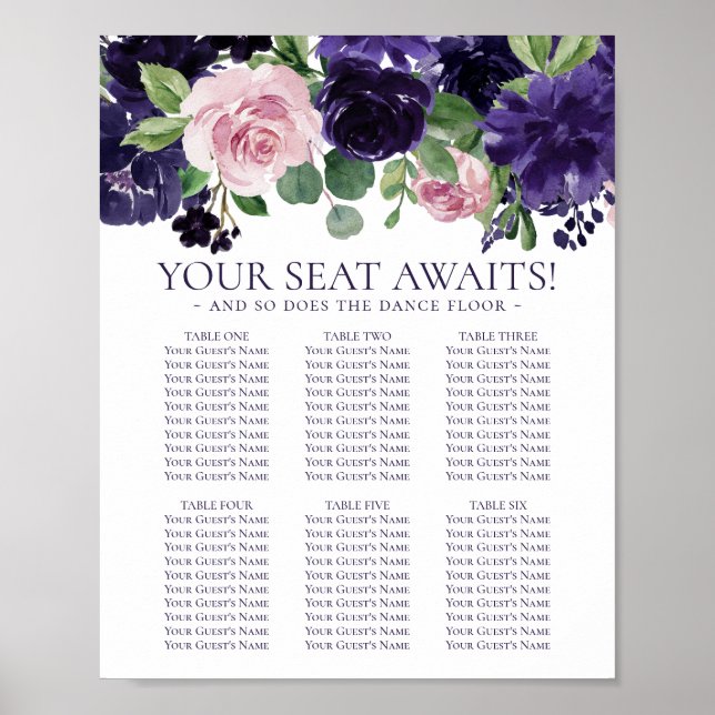 Moody Passion | Purple Floral Party Seating Chart (Front)