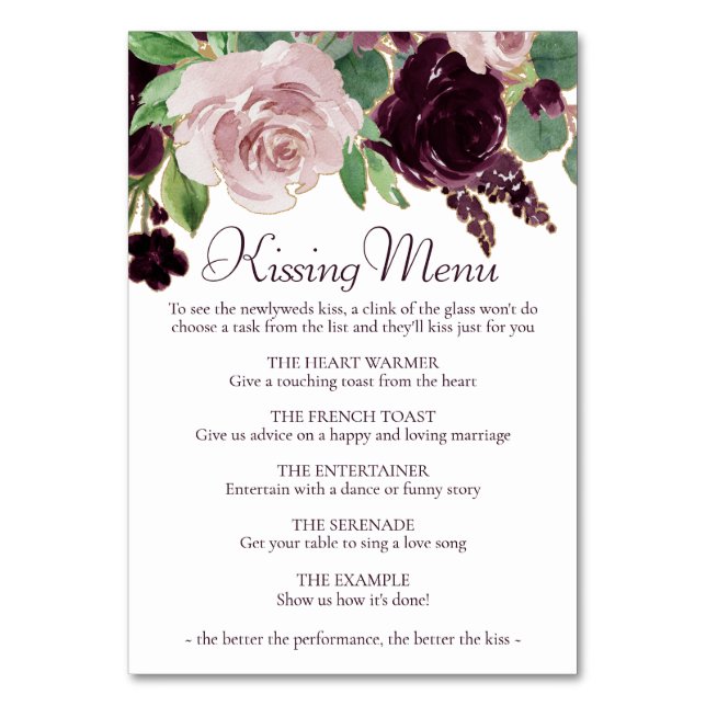 Moody Passions | Dramatic Purple Wine Kissing Menu Table Number (Front)
