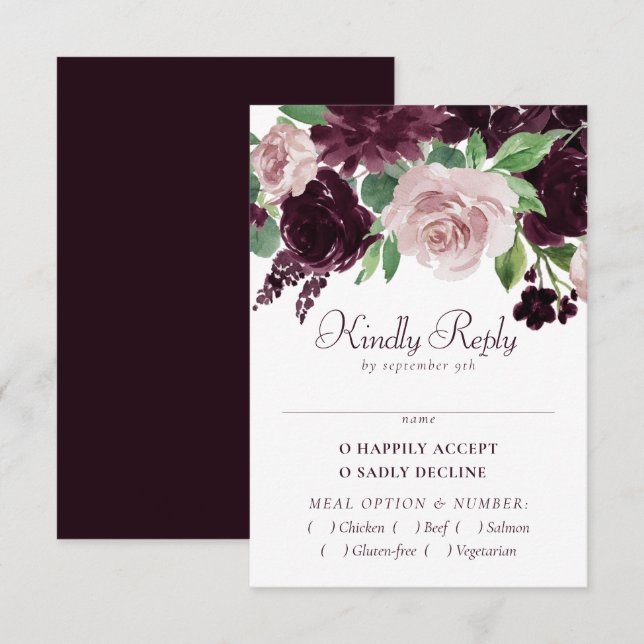 Moody Passions | Dramatic Purple Wine Rose Entree RSVP Card (Front/Back)