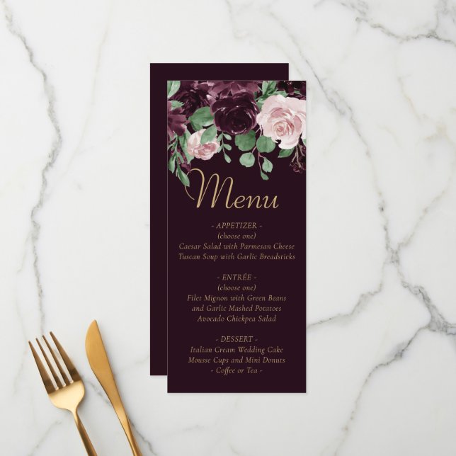Moody Passions | Dramatic Purple Wine Rose Garland Menu (Front/Back In Situ)