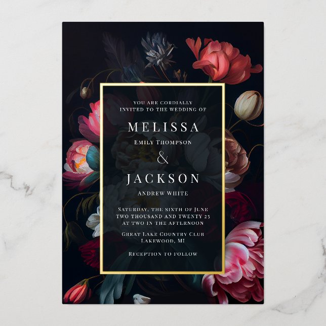 Moody Peony Floral Wedding Invitation (Front)