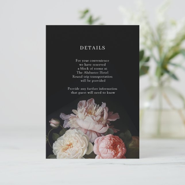 Moody Peony Rose Floral Details Enclosure Card (Standing Front)