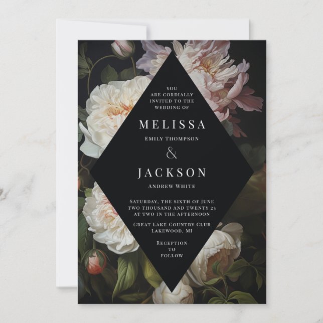 Moody Peony Rose Floral Faire-part de mariage (Devant)