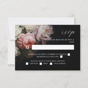 Moody Peony Rose Floral Wedding Black RSVP Card