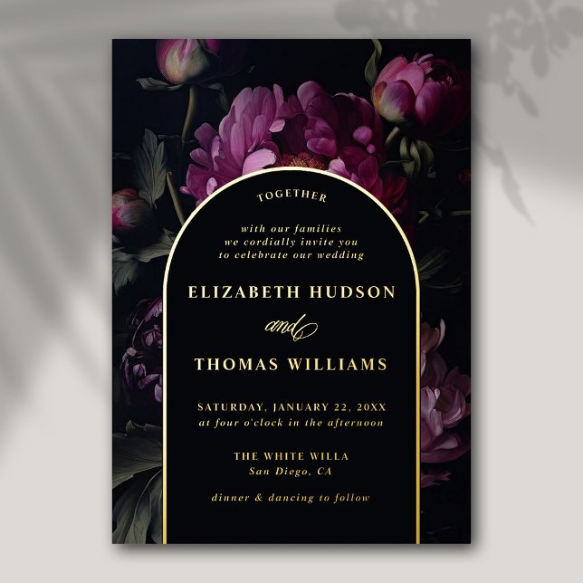 Moody Peony Vintage Boho Gold Elegant Wedding (moody floral wedding invitation vintage pink peony dark elegant classic formal boho arch gold foil)
