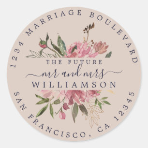 Moody Pink Floral Wedding Return Address Classic R Round Sticker
