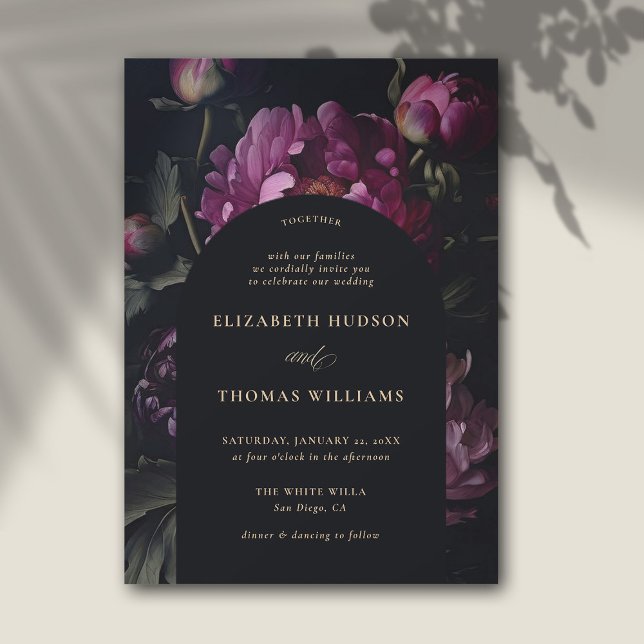 Moody Pink Peony Vintage Boho Elegant Wedding Invitation (moody floral wedding invitation modern vintage pink peony dark elegant classic formal boho arch)