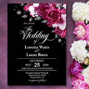 Moody Pink Rose Floral Black Wedding Invitation