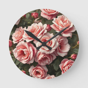 Moody Pink Rose Garden Pattern Round Clock