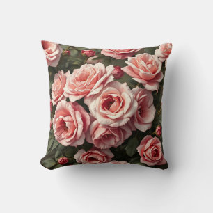 Moody Pink Rose Garden Pattern Throw Pillow